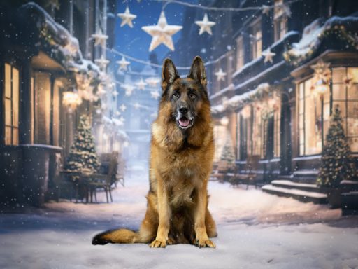 Ein großer, brauner Deutscher Schäferhund sitzt vor einer winterlichen Stadtlandschaft mit Schnee.